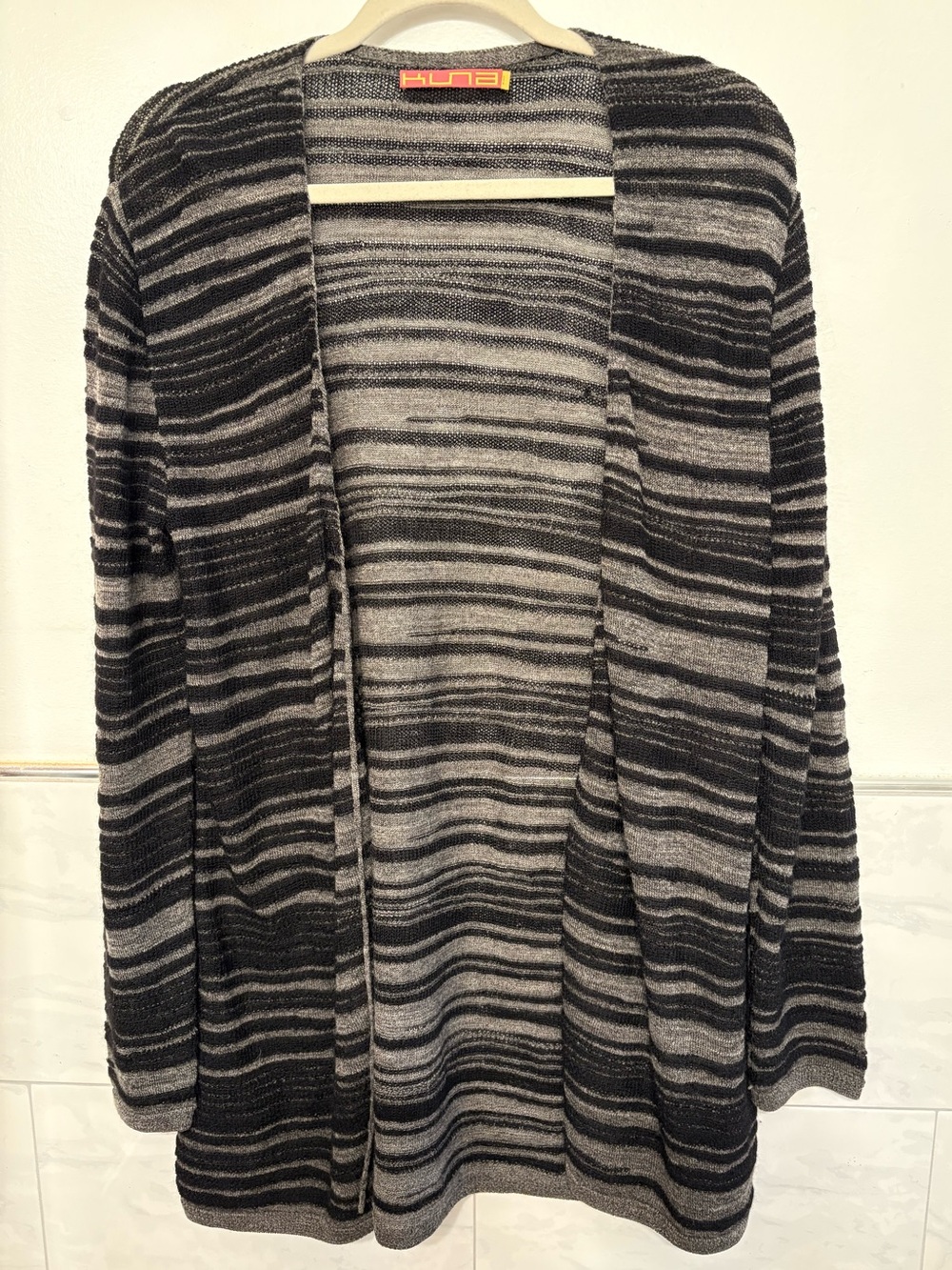 Open-Front Black & Gray Striped Women's Cardigan by Kuna